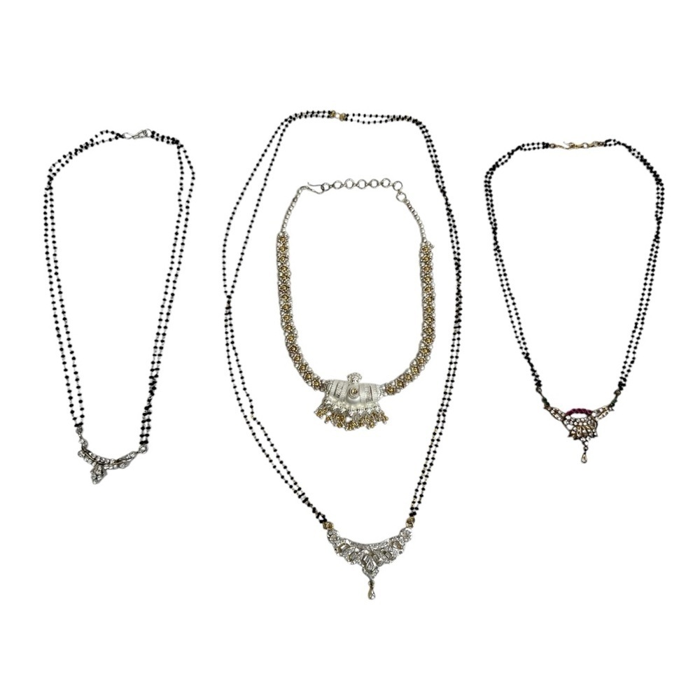Dainty Silver & Gold Tone Black Seed Beaded Mangalsutra Rhinestone Necklaces